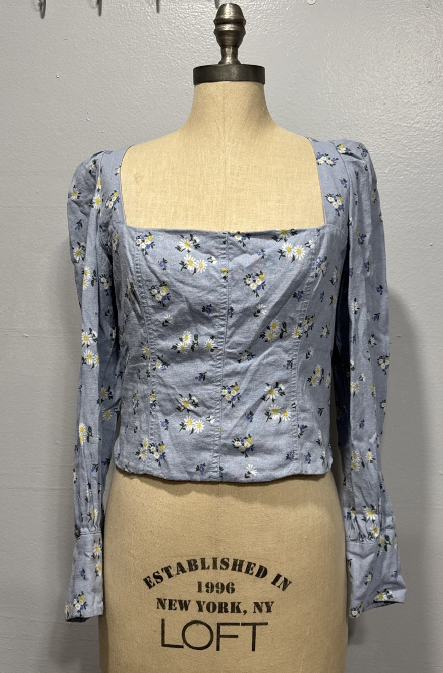 Rachel Zoe Linen Blend Crop Top Sz M Blouse Long Sleeve Square Neck Blue Floral